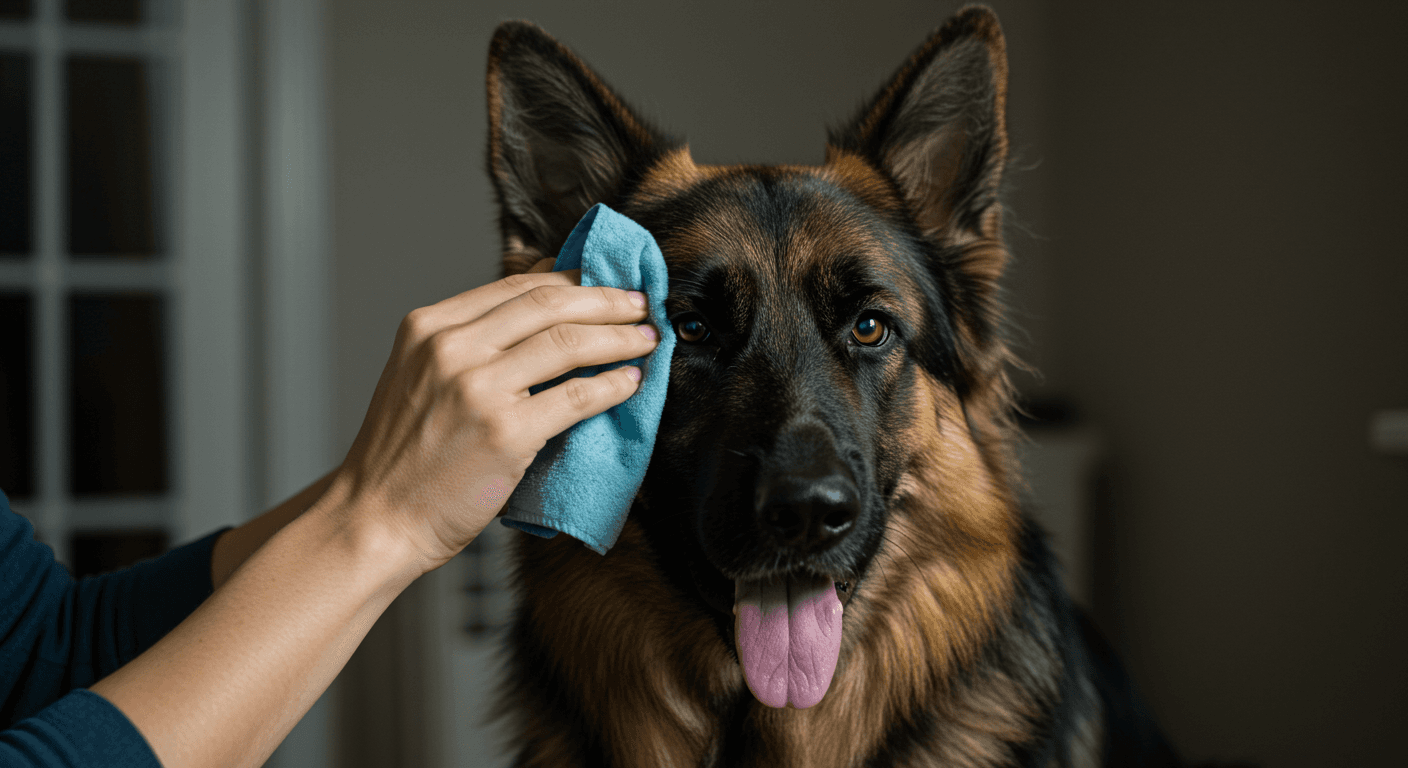 a german shepherd is being cleaned with a blue cloth