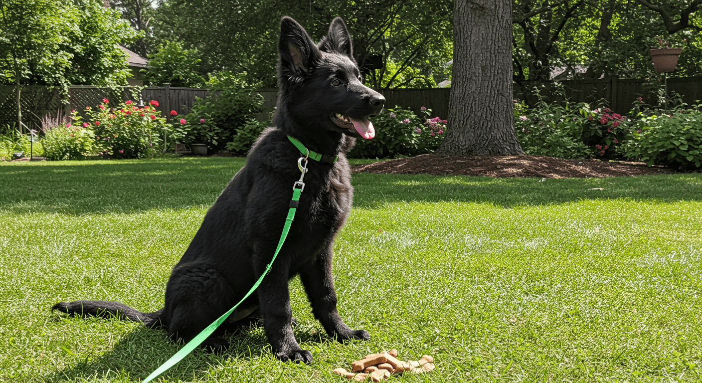 a black dog with a green leash is sitting in the grass