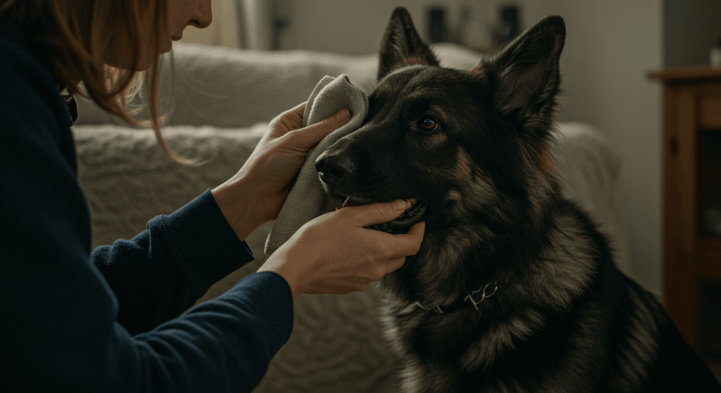 a woman wipes a german shepherd 's face with a cloth