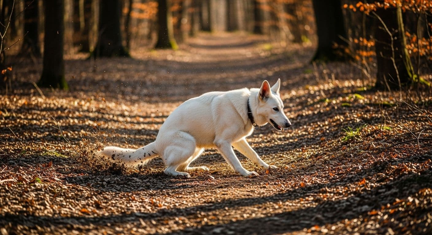 White German Shepherd defecating on a forest path covered in autumn leaves.