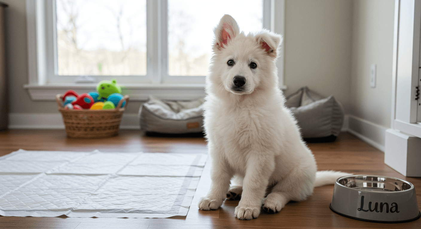 8 week old German Shepherd puppy sitting next to a pee pad indoors, looking alert and curious.