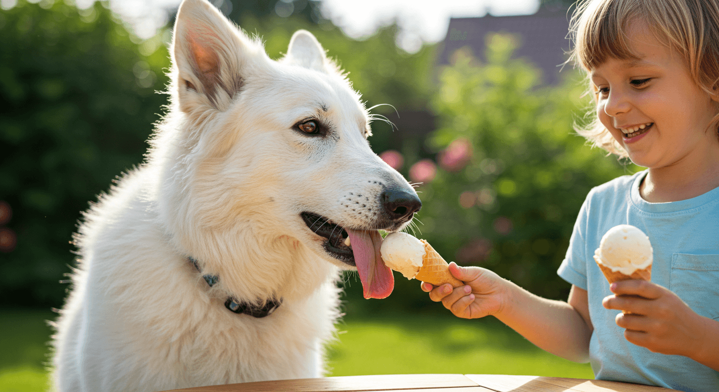 a child is feeding an ice cream cone to a white dog