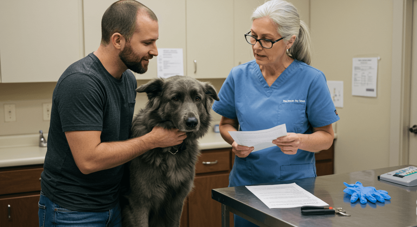 Man comforting his blue-grey long-haired dog while an older female vet explains a checklist in a clinic.