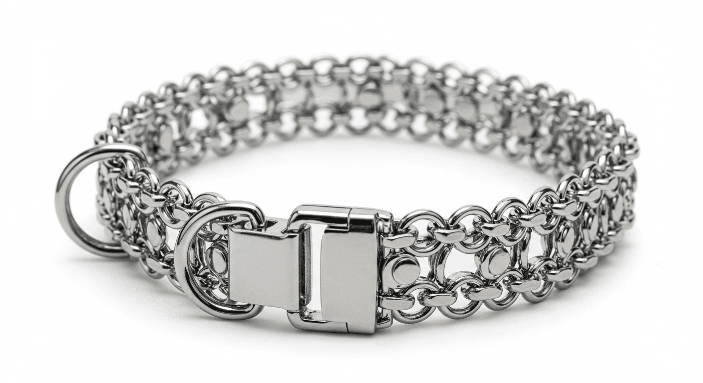 Close-up of a stainless steel prong collar on a white background.