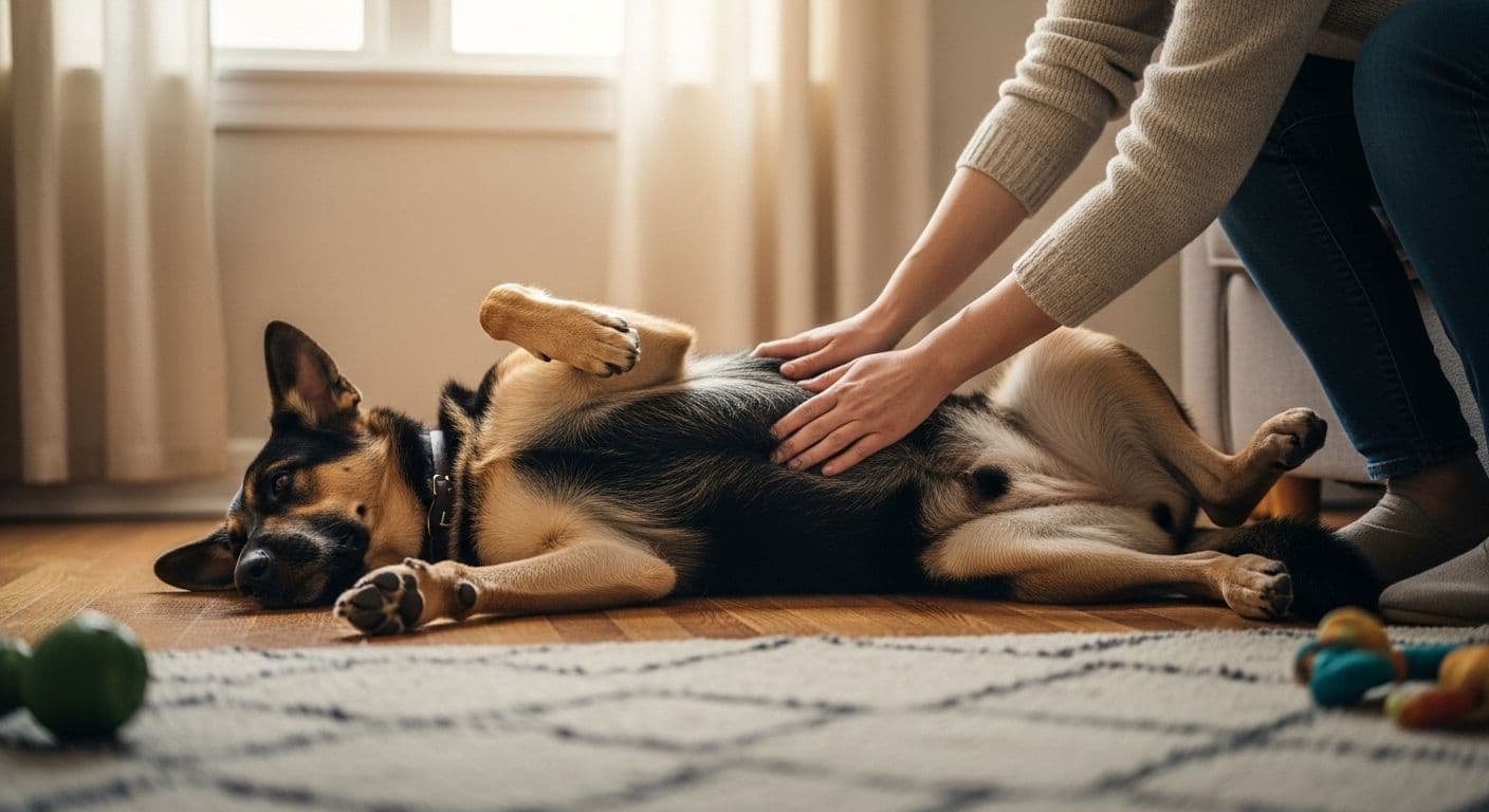 Person petting a German Shepherd mix lying on its back indoors.