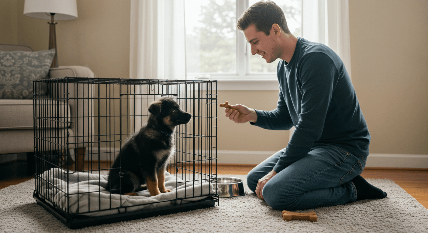 Owner giving a treat to a German Shepherd puppy through the crate bars in a sunny living room.