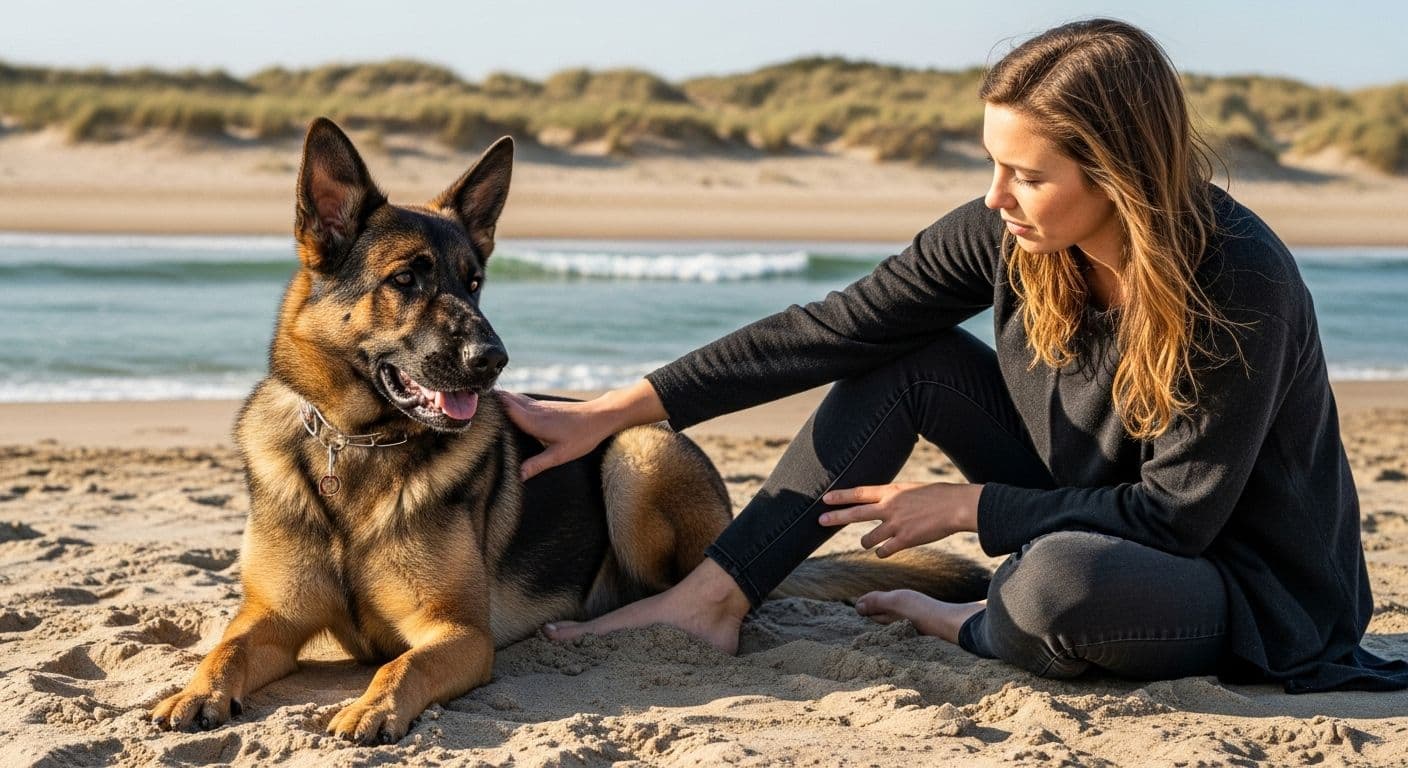 Woman sitting on a beach, petting a German Shepherd by her side.