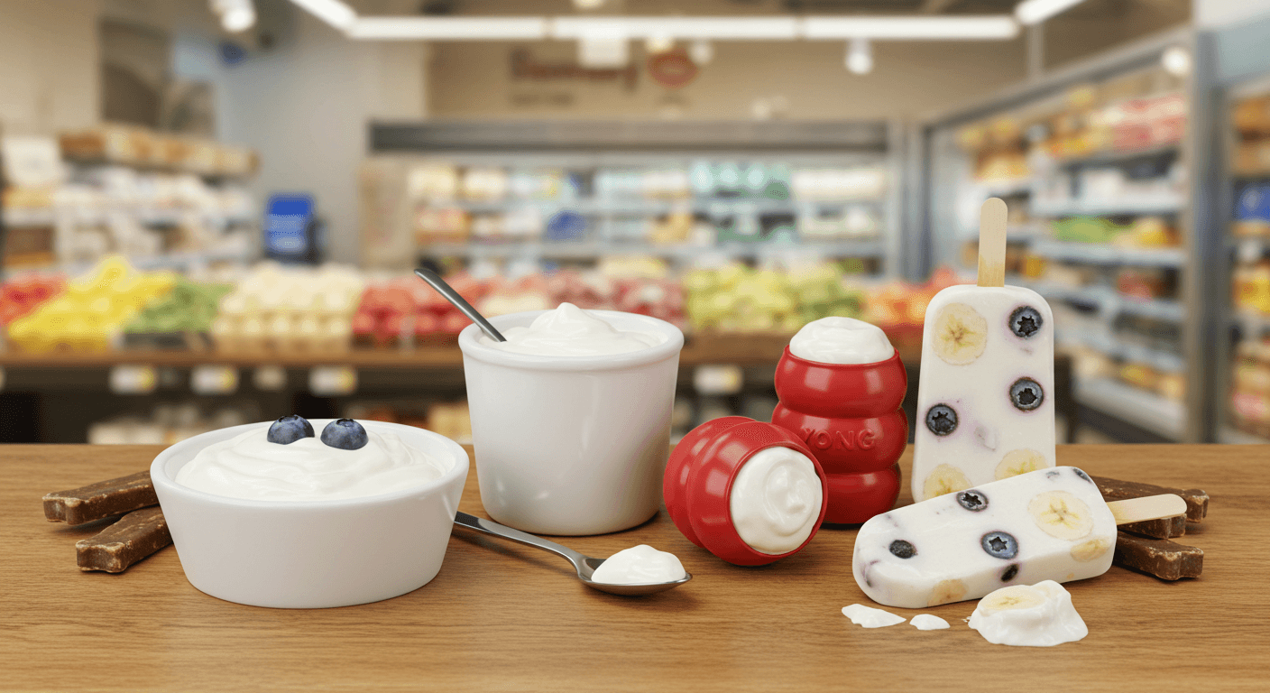 Dog-friendly yogurt treats on a wooden counter in a supermarket.