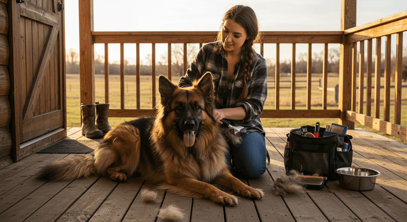 a woman is brushing a german shepherd on a porch