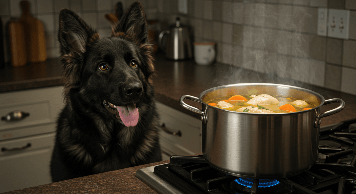 a dog looking at a pot of soup on a stove