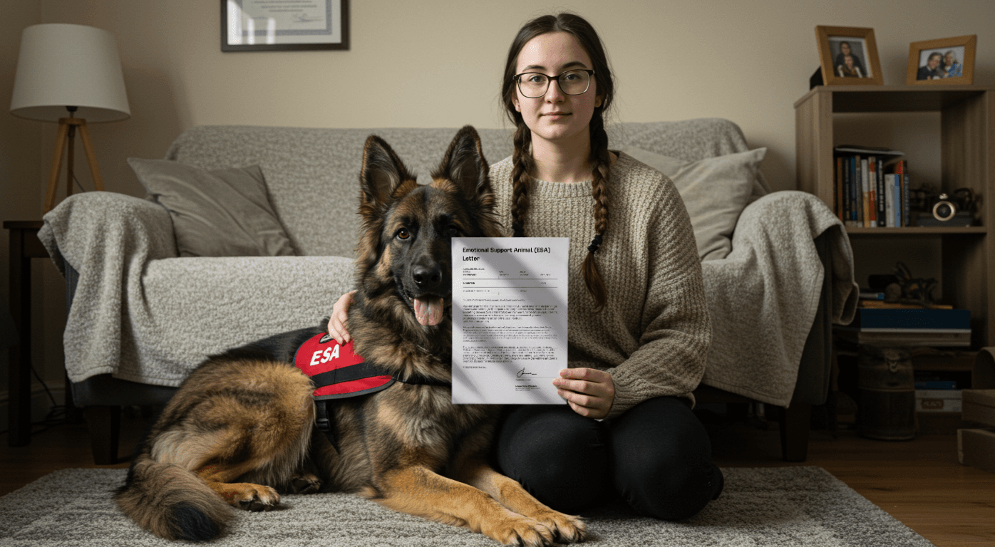 a woman sits on the floor with a german shepherd holding a letter
