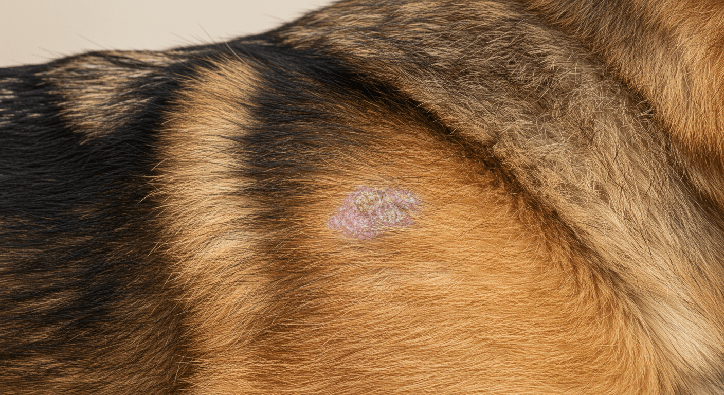 a close up of a dog 's fur with a purple spot on it