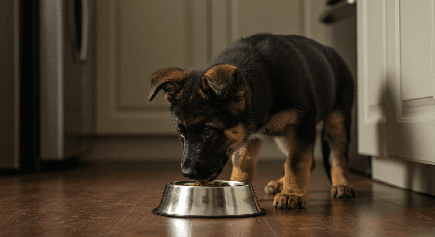 a german shepherd puppy eating from a metal bowl