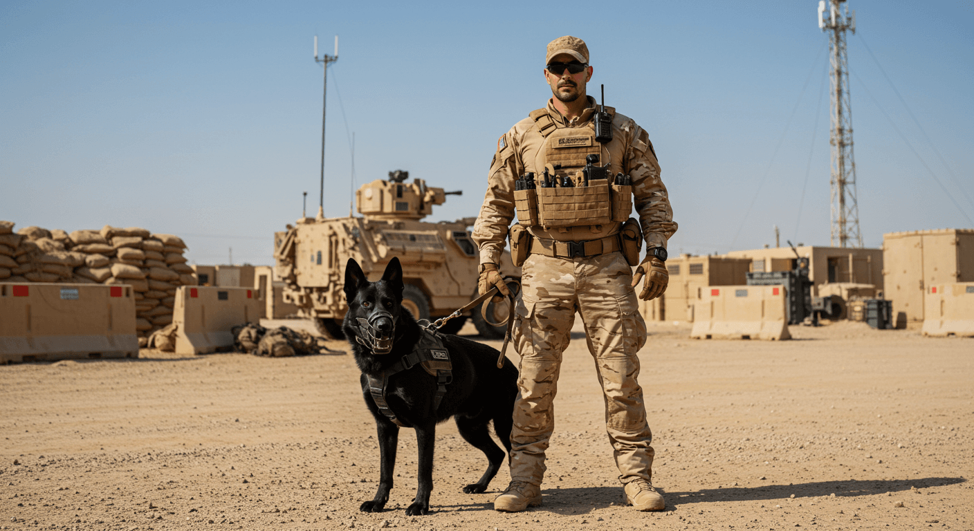a soldier standing next to a black dog with a tank in the background