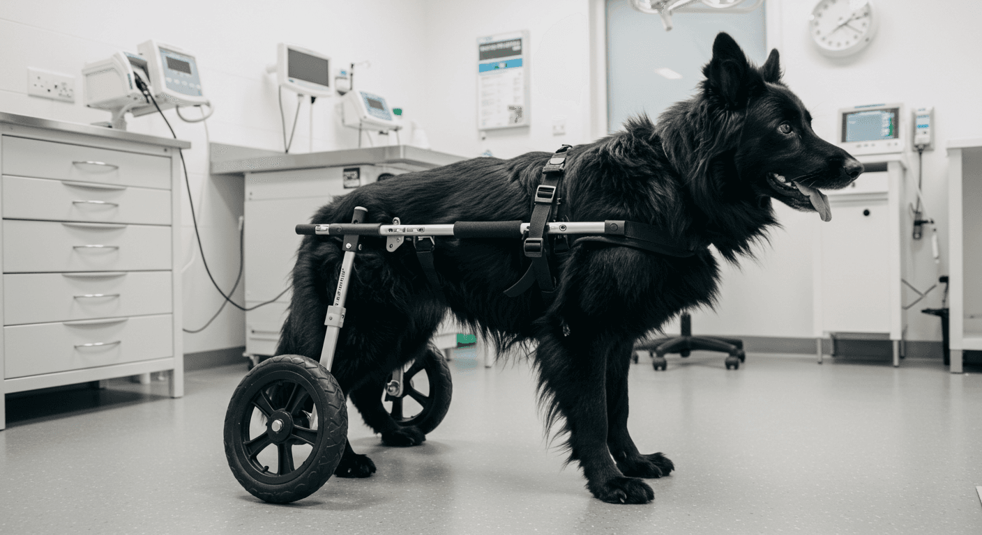 Black long-haired German Shepherd in a rear-support wheelchair inside a veterinary hospital.