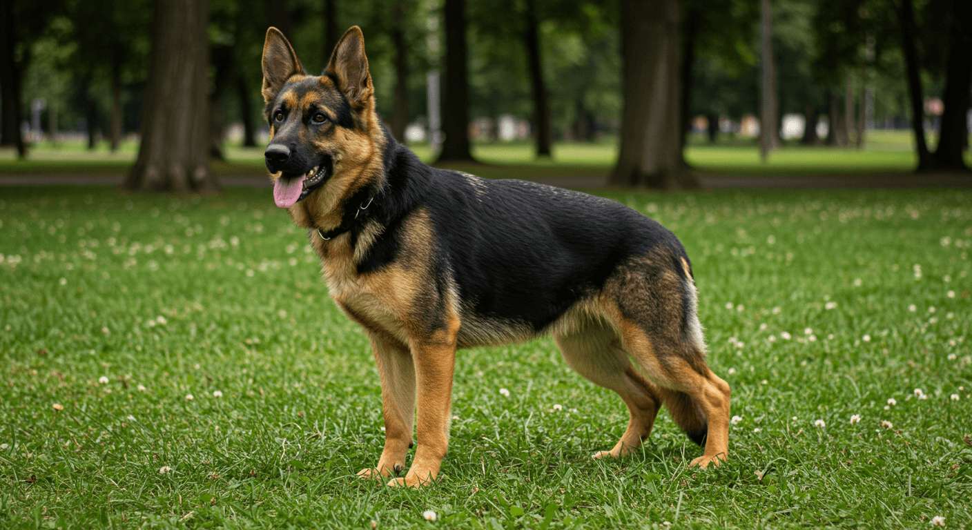 Miniature German Shepherd with black and tan coat standing in a park.