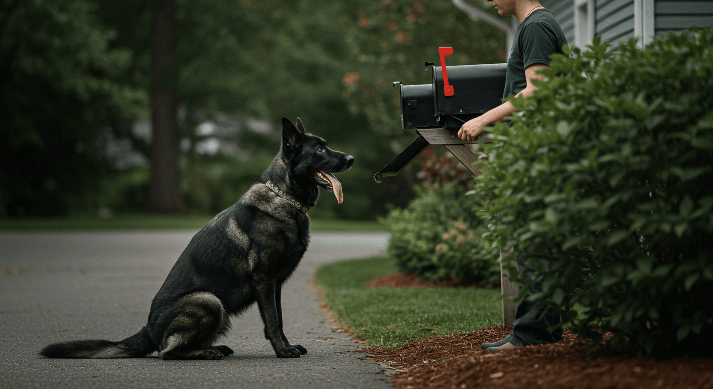 a black dog sitting next to a man holding a mailbox