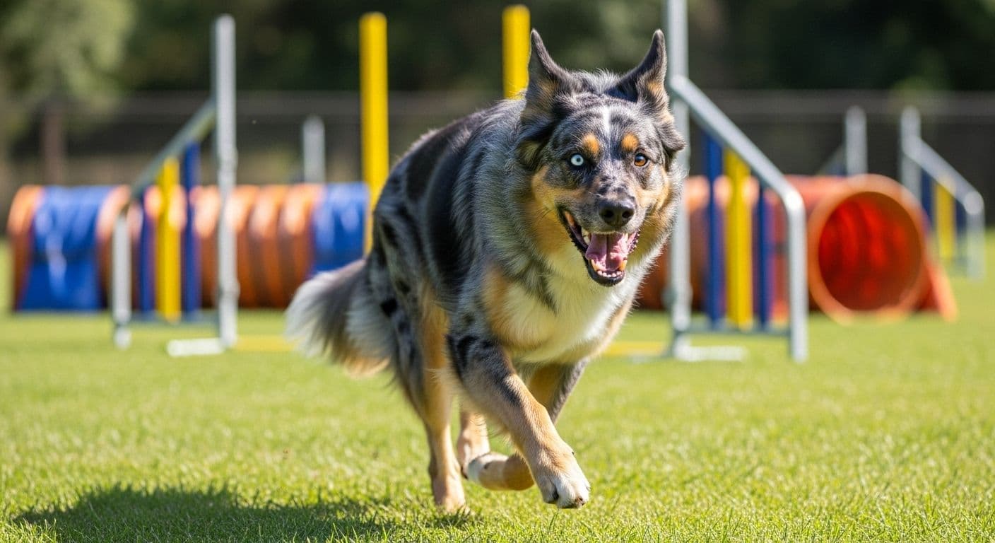 German Shepherd Australian Shepherd mix running through agility course.