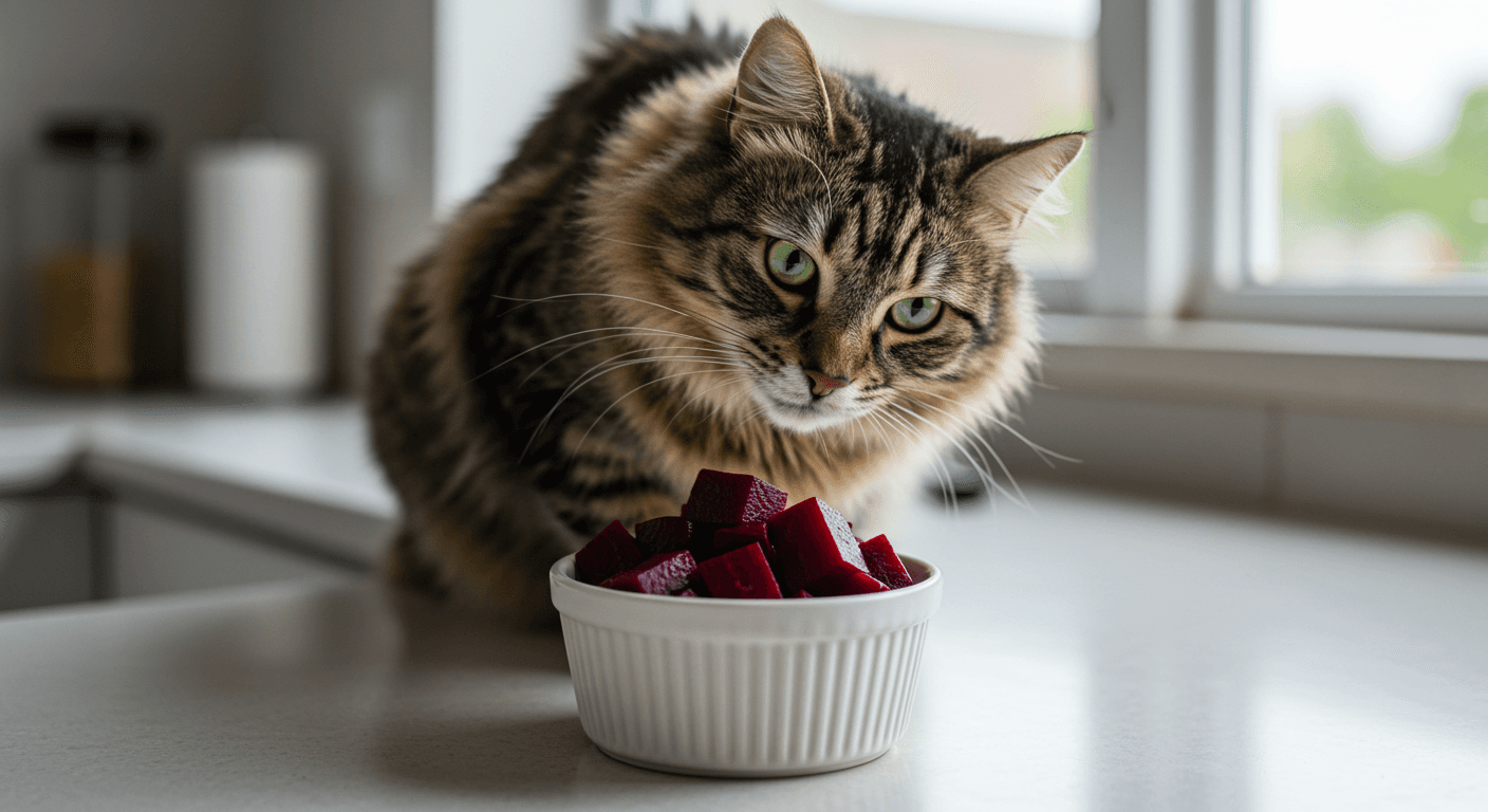 Tabby cat with green eyes sitting by a bowl of beet cubes on a kitchen counter.