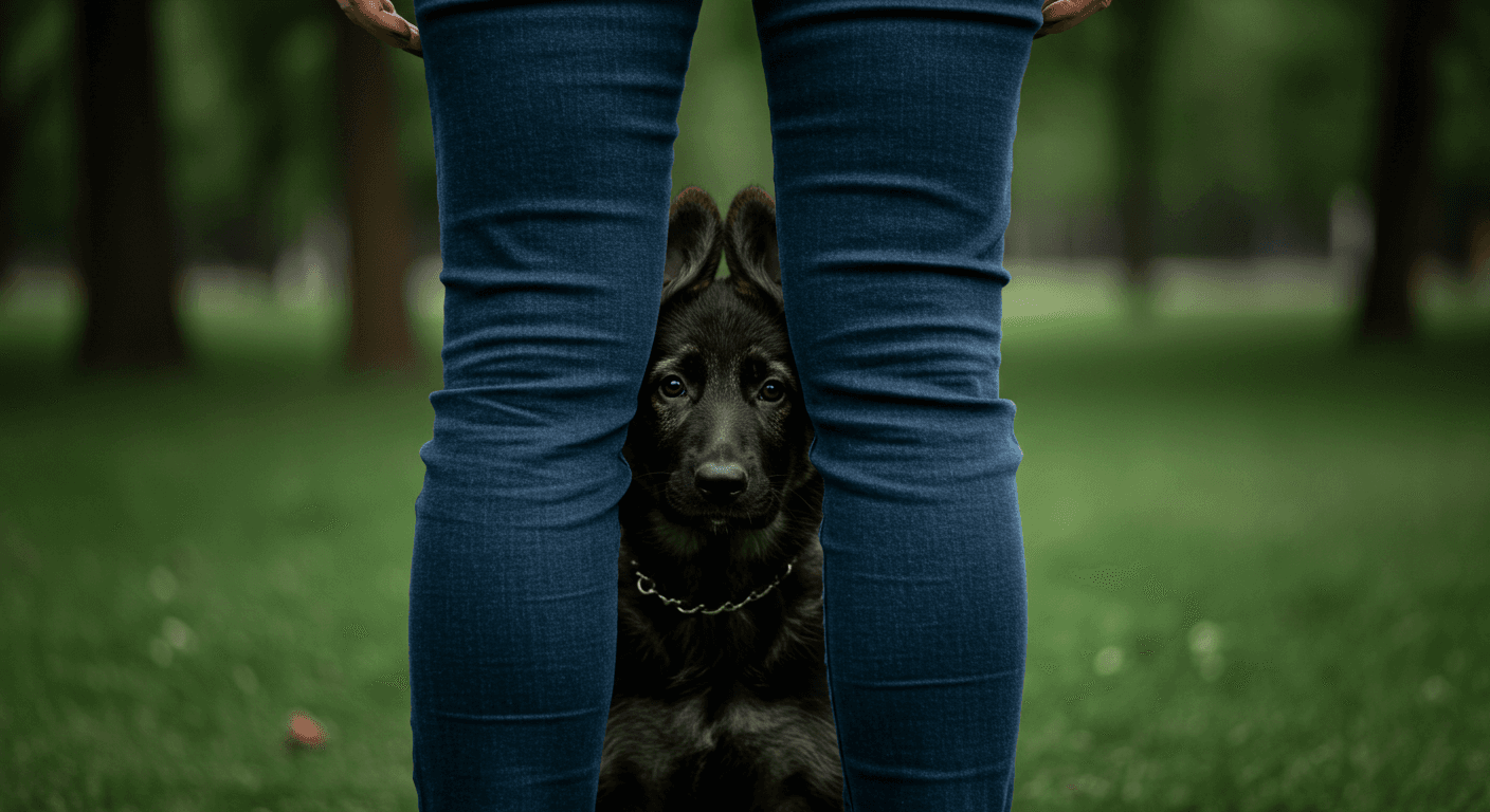 a black german shepherd puppy is sitting between a person 's legs