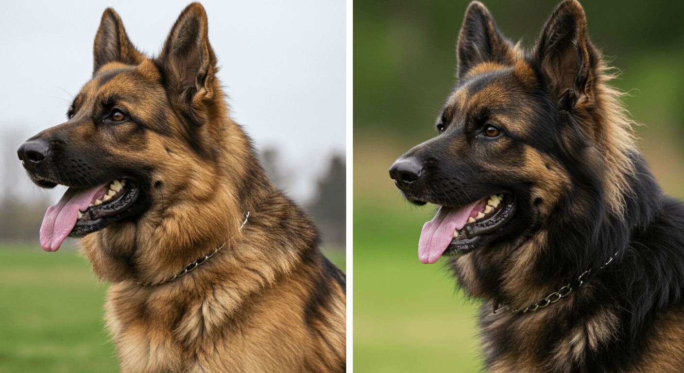 Side-by-side comparison of a short-haired and long-haired German Shepherd, highlighting differences in coat texture.