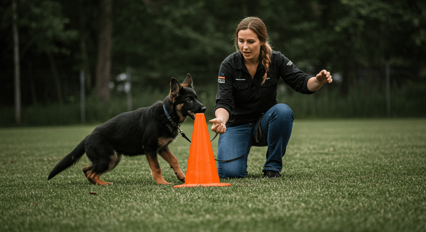 a woman kneeling down next to an orange cone and a dog