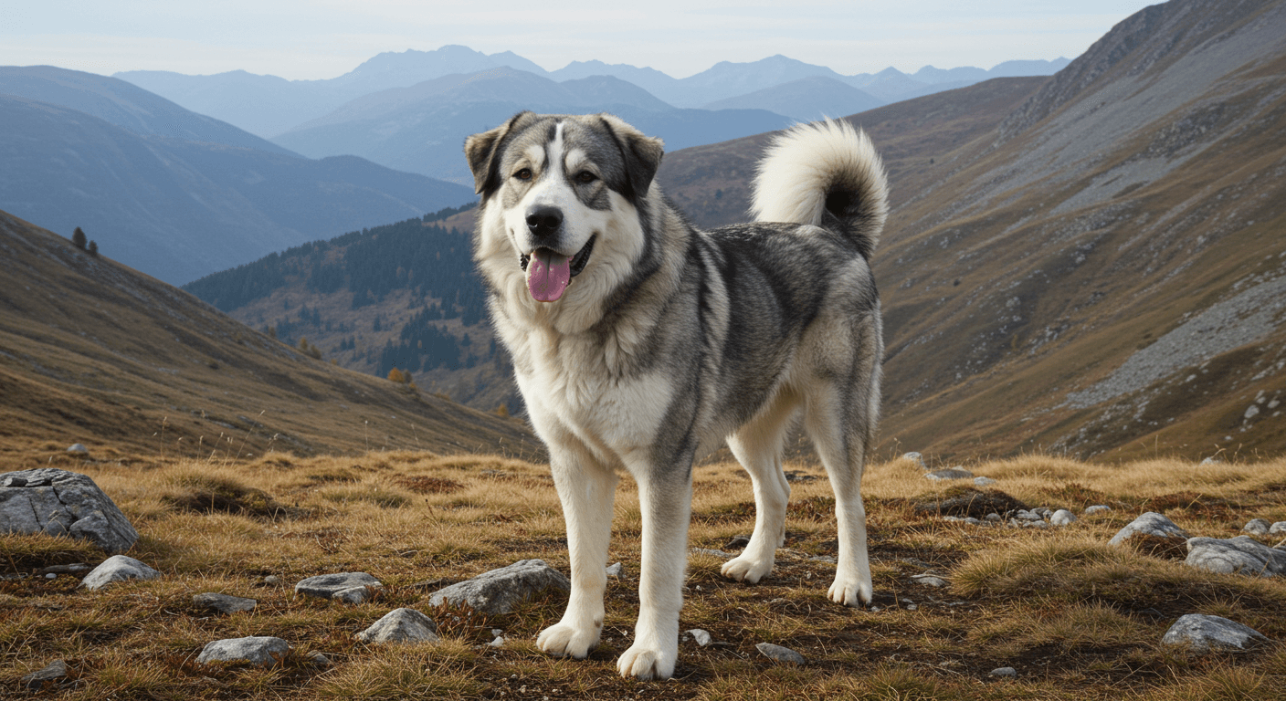 Sarplaninac with gray and white coat standing in a mountainous landscape.
