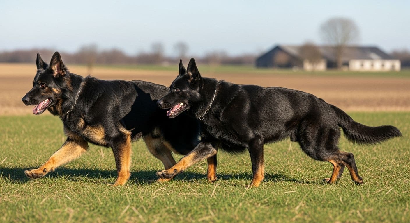 Two black and tan German Shepherds walking side by side on a grassy field.