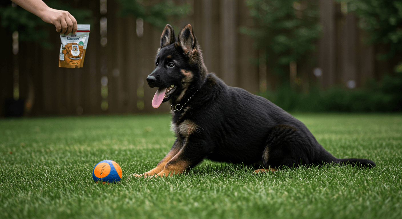 a german shepherd puppy playing with a ball and a bag of dog treats
