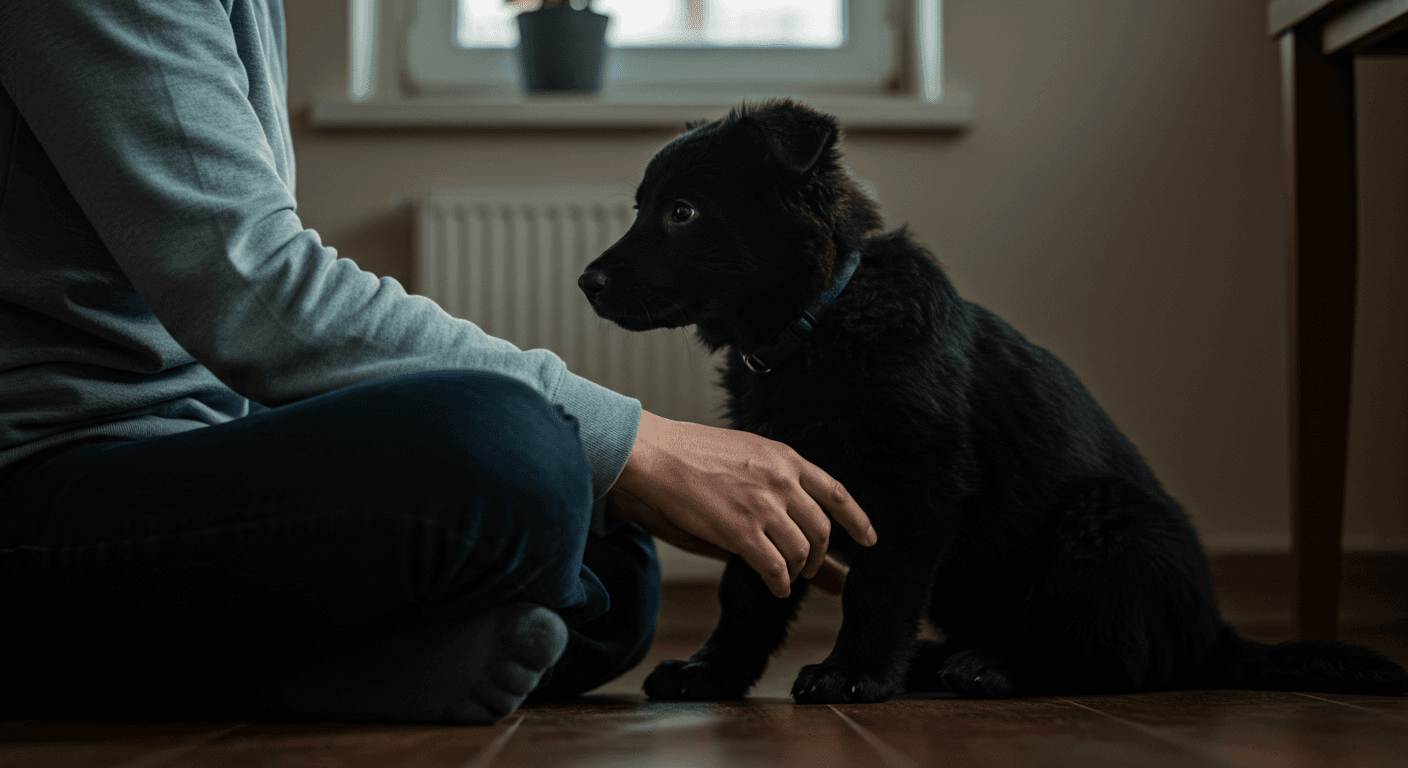 a person petting a black puppy on the floor