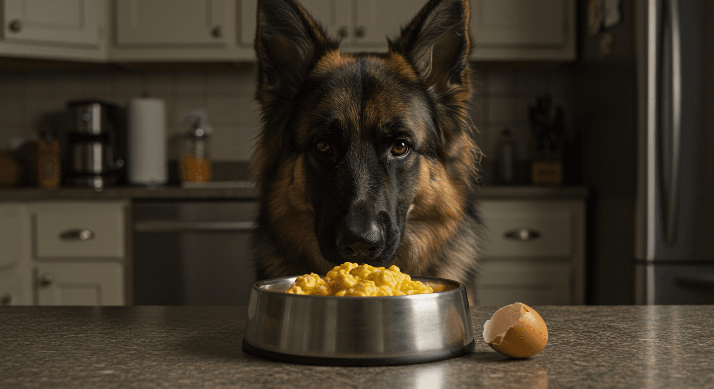 a german shepherd looking at a bowl of food