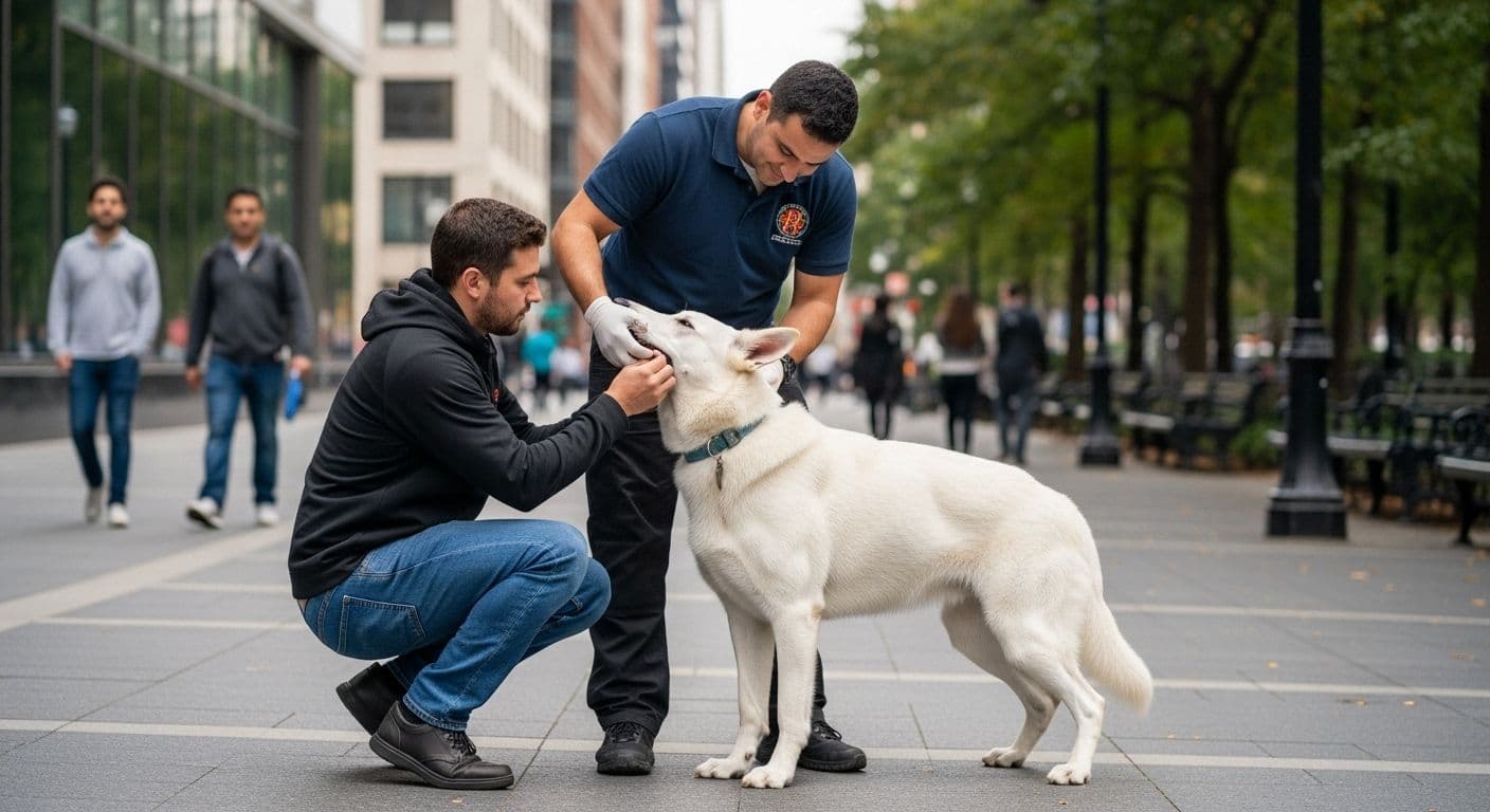 White German Shepherd being petted by two men on city sidewalk.