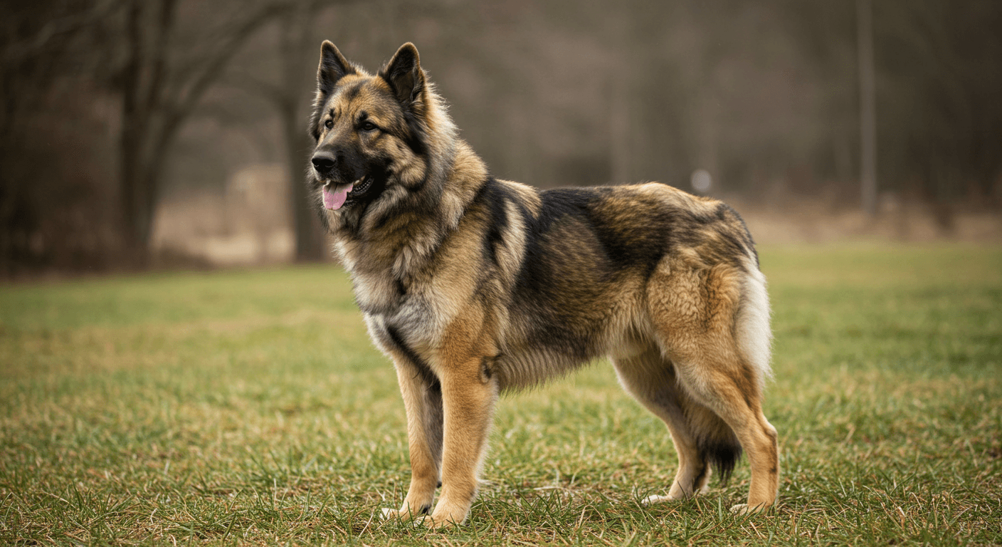 Shiloh Shepherd with long tan and black coat standing in a field.