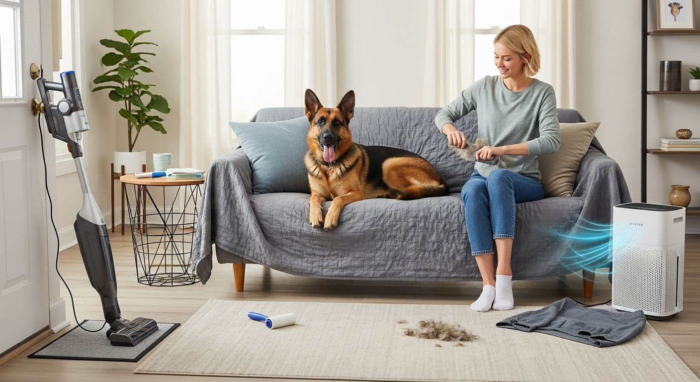 Woman using a lint roller on a German Shepherd while cleaning tools and fur sit nearby.