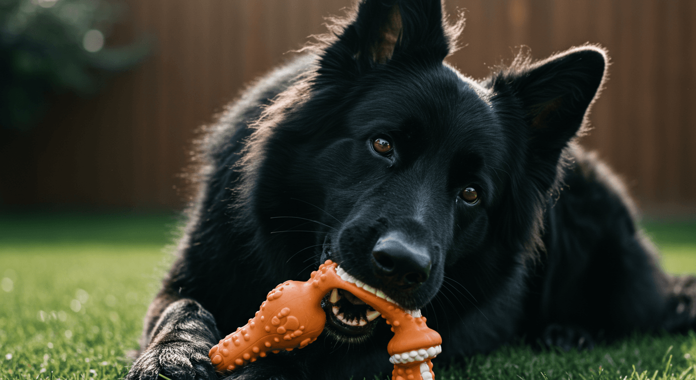 a black dog chewing on an orange toy in the grass