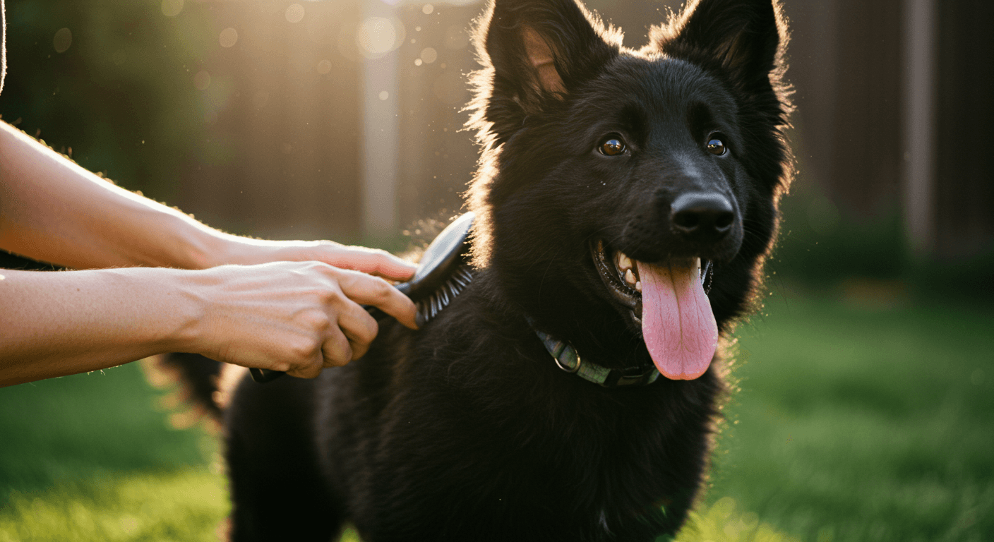 a person is brushing a black german shepherd puppy with a brush