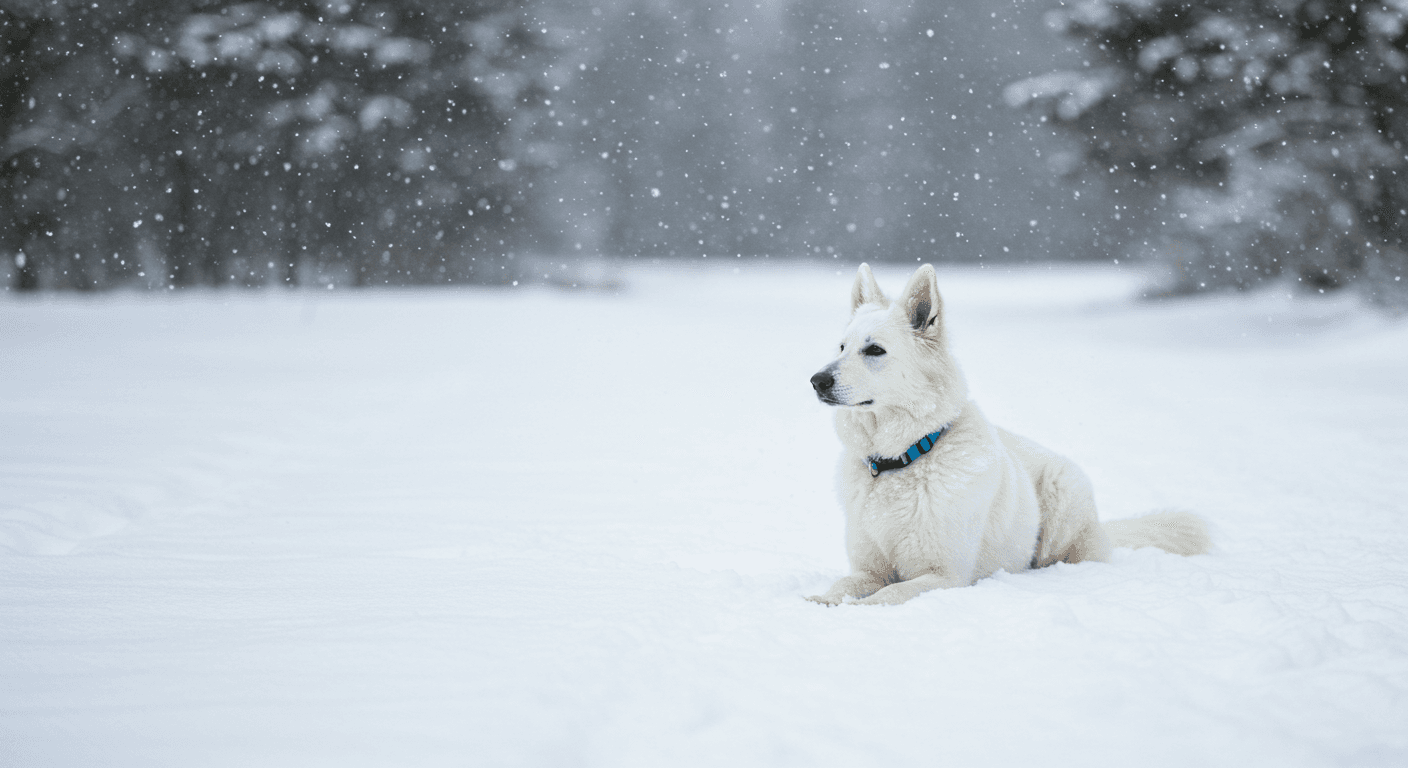 a white dog with a blue collar is laying in the snow