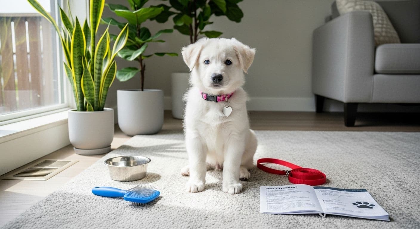 White German Shepherd puppy with pink collar in grey living room with plants and care items.