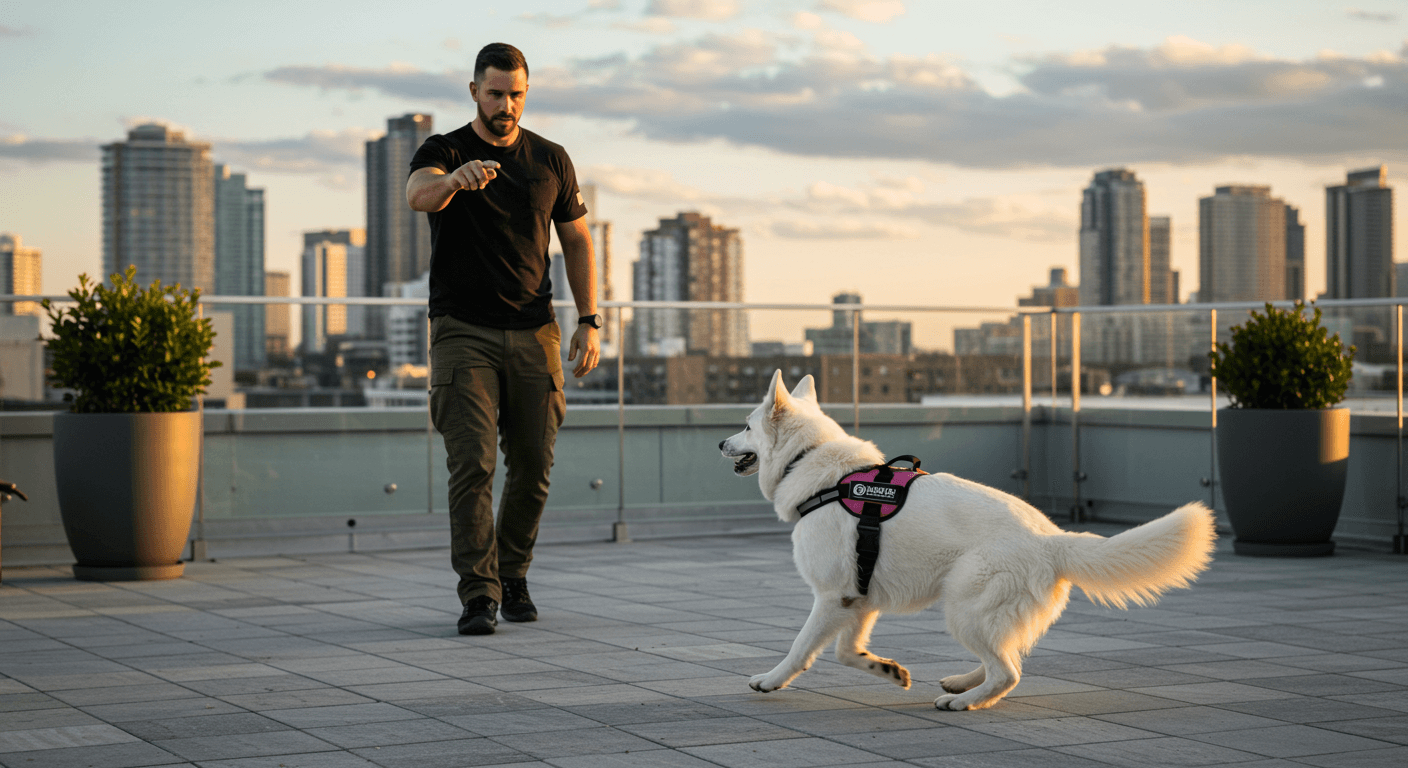 a man walking a dog with a harness that says ' agility ' on it