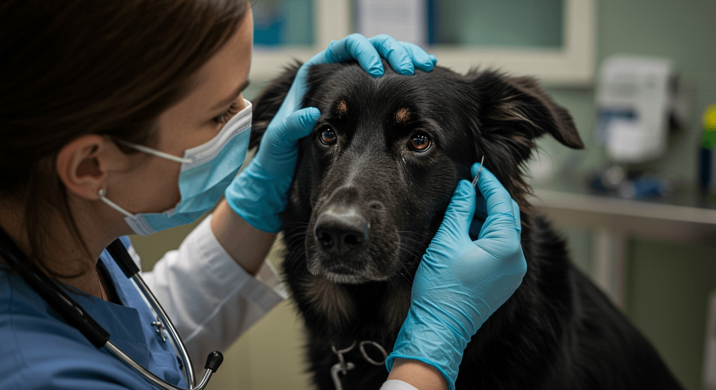 a woman wearing a mask and gloves examines a black dog