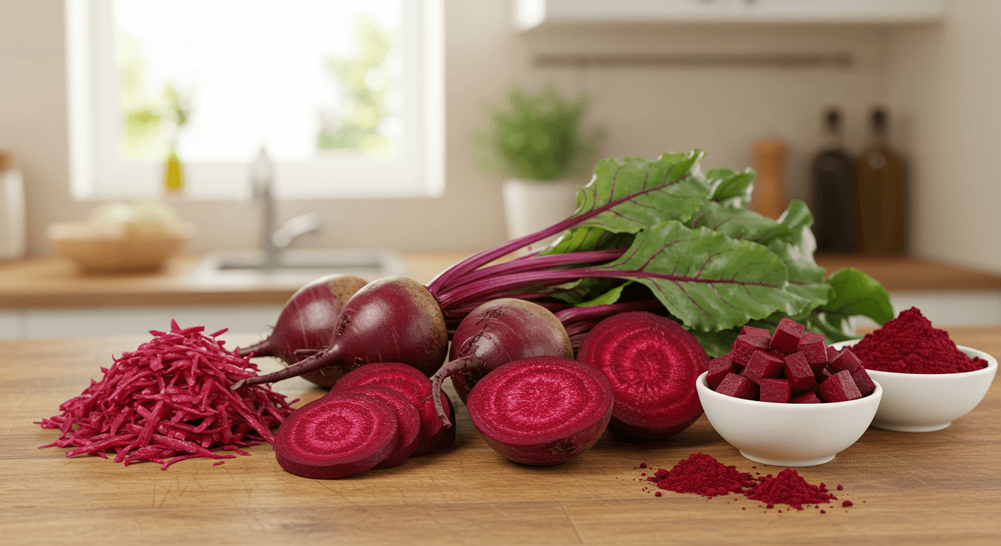 Fresh beets with shredded, cubed, and powdered beets on a counter.