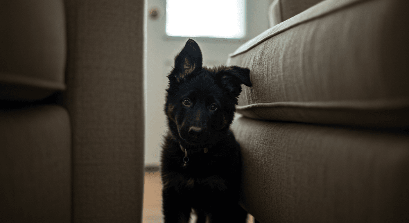 a black puppy peeking out from behind a couch