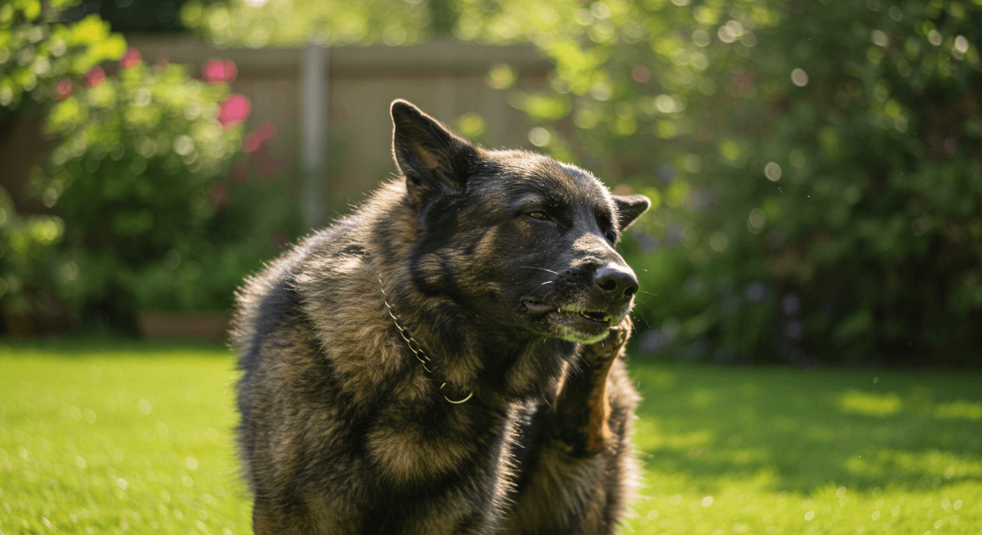 a german shepherd is scratching its ear in the grass