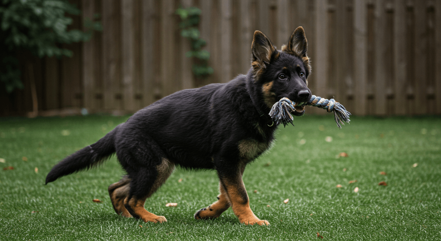 a german shepherd puppy is playing with a rope toy