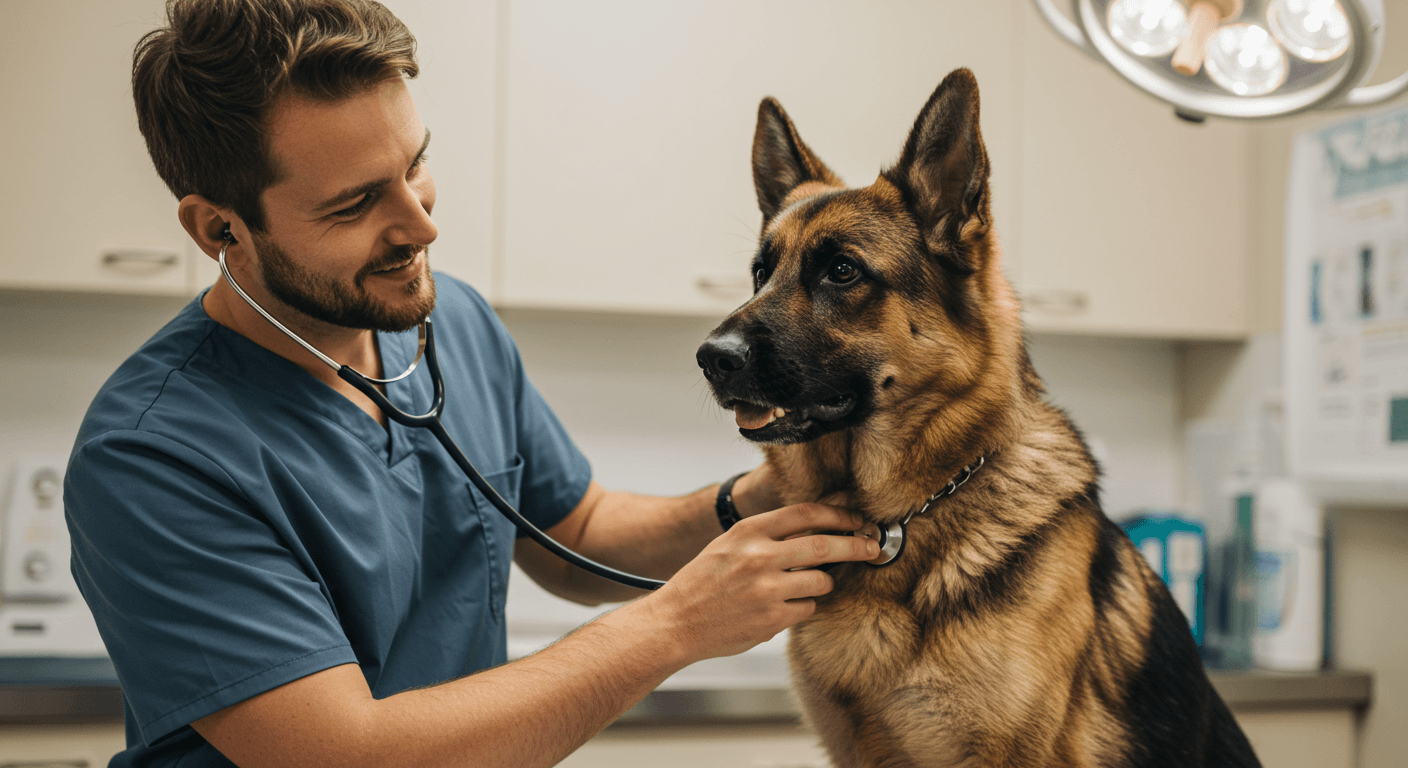 GSD health check: Veterinarian examining a German Shepherd’s ears or heartbeat with a stethoscope.