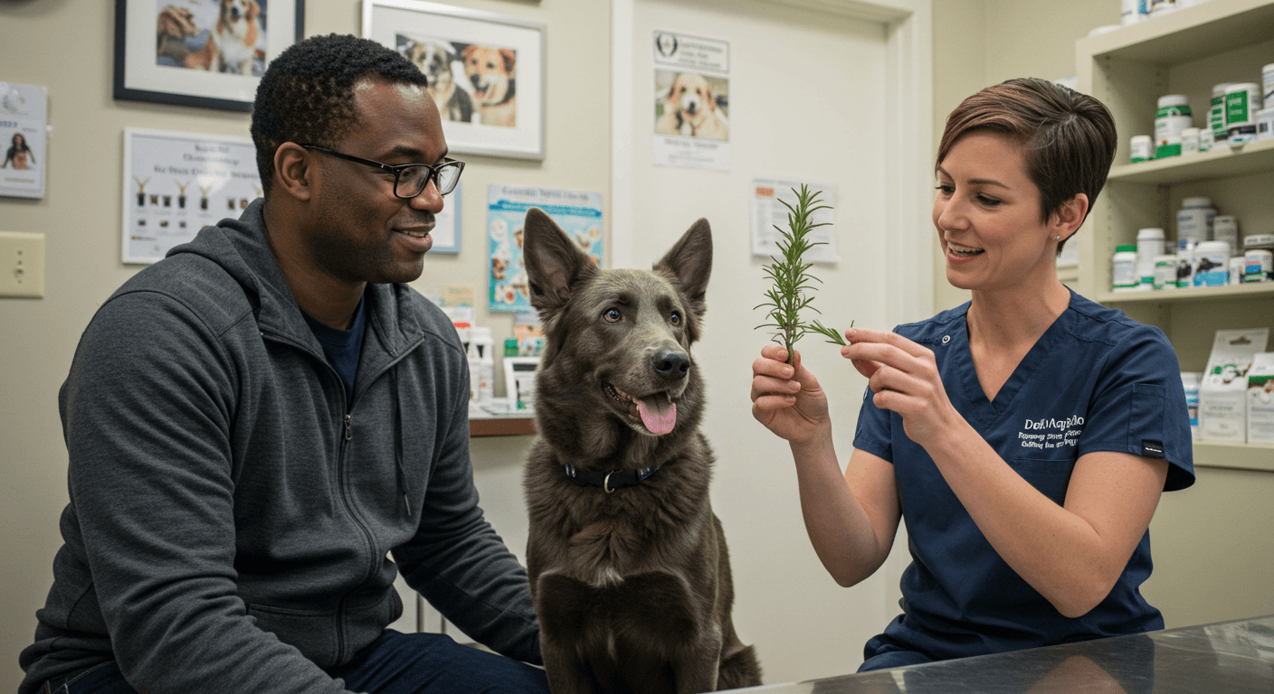 Close-up of a vet holding a rosemary sprig and explaining its use to a dog owner, in a clean and friendly clinic setting.