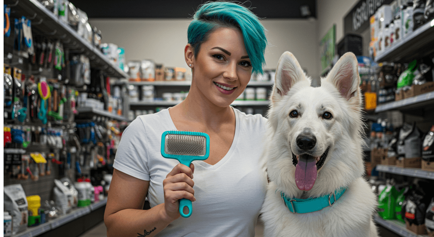 Woman with aqua hair and white German Shepherd in pet store.
