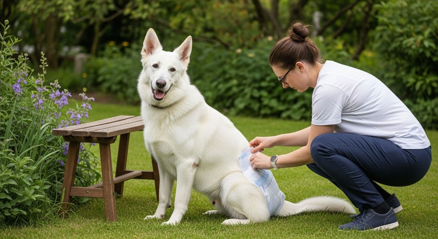 Woman putting a diaper on a white German Shepherd in a garden.