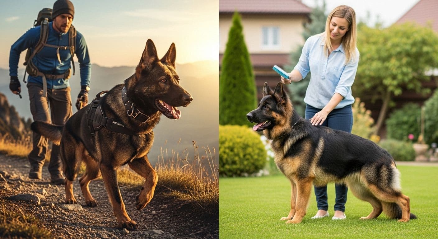 Split image of a Working Line German Shepherd hiking with its owner at sunrise and a Show Line German Shepherd being brushed in a garden.