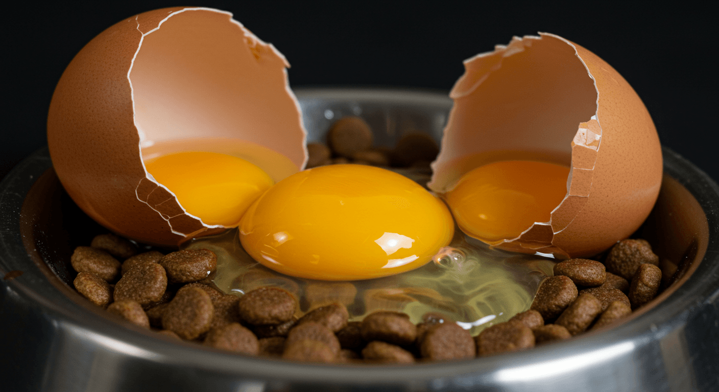 a broken egg sits in a bowl of dog food
